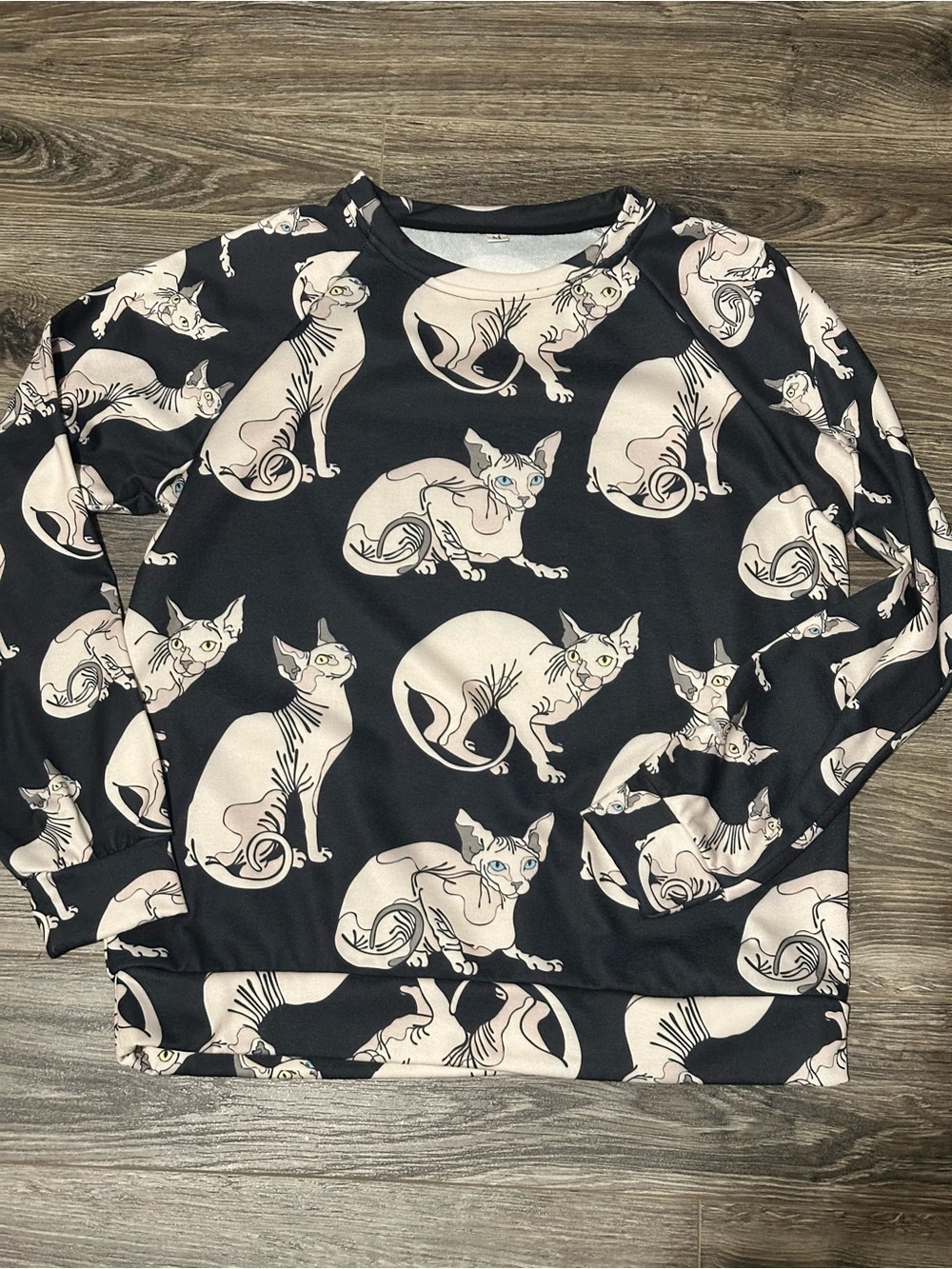 Cat Print Long Sleeve Pullover Sweatshirt - Black & Cream